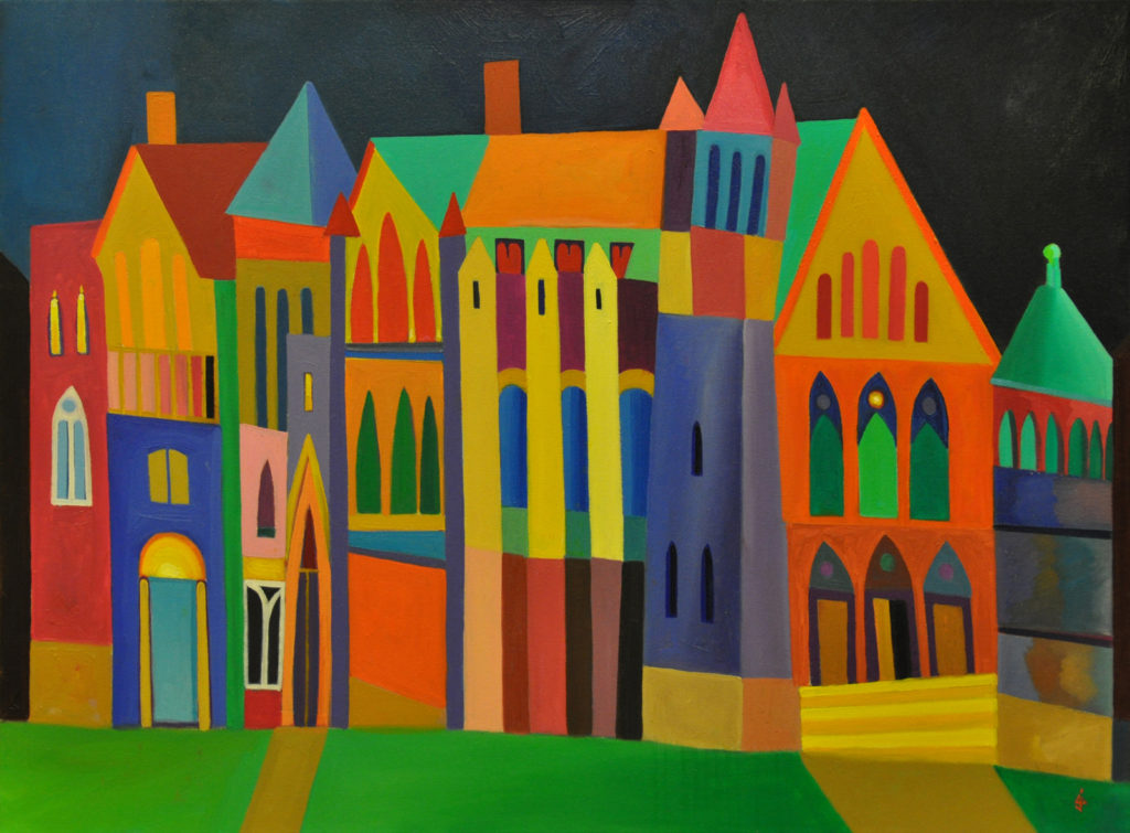 A painting of the church using multiple bright colours.