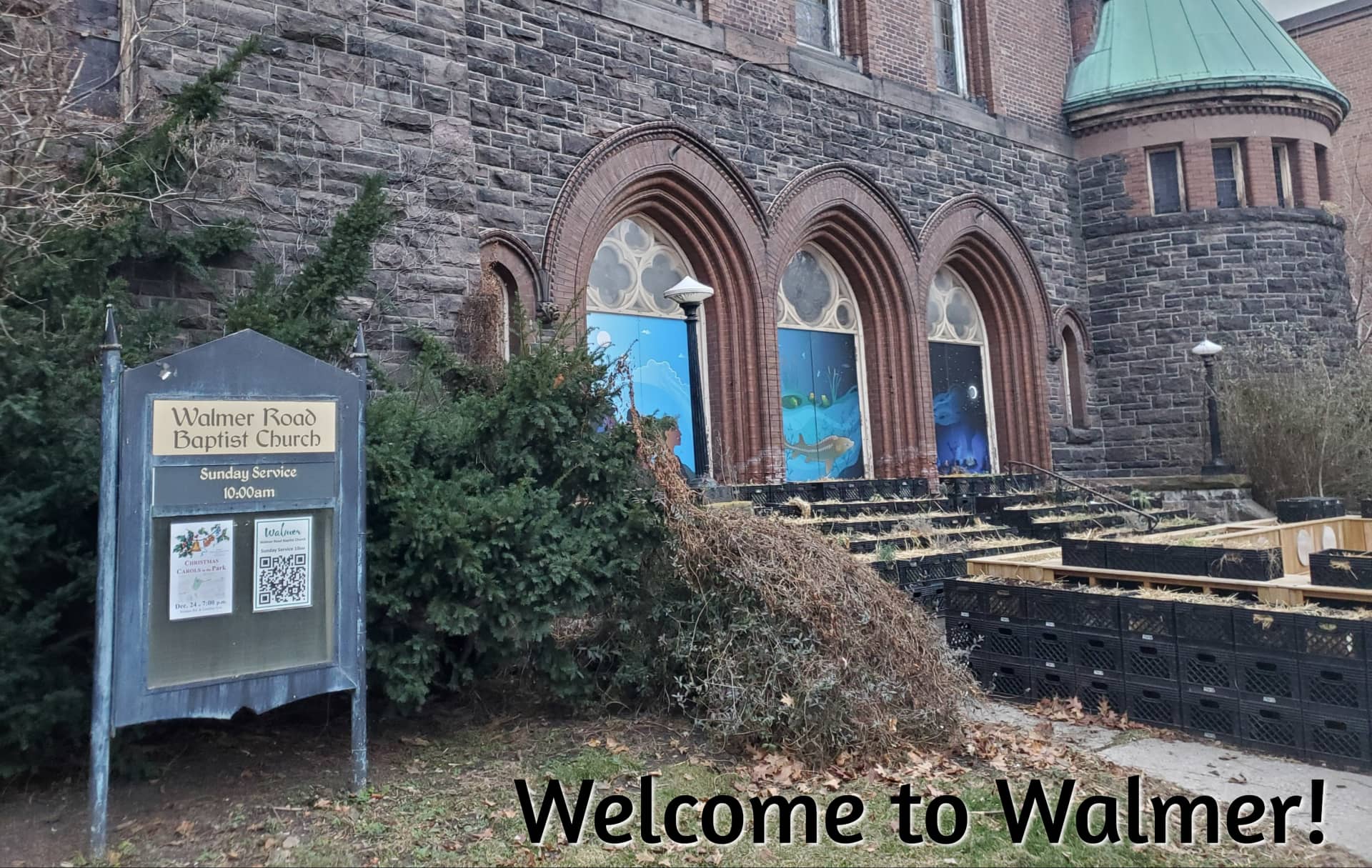 The view of the church from the corner of Walmer Road and Lowther Ave.